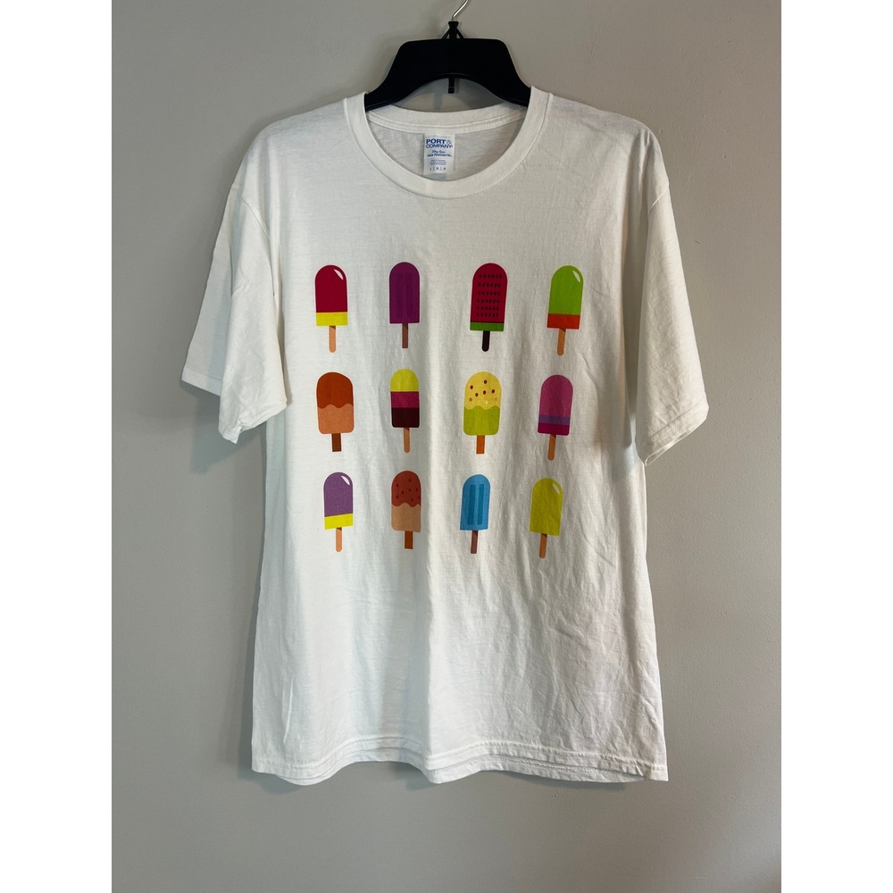Port & Company Womens White Popsicle Graphic T-Shirt Ring Spun Fan Favorite L